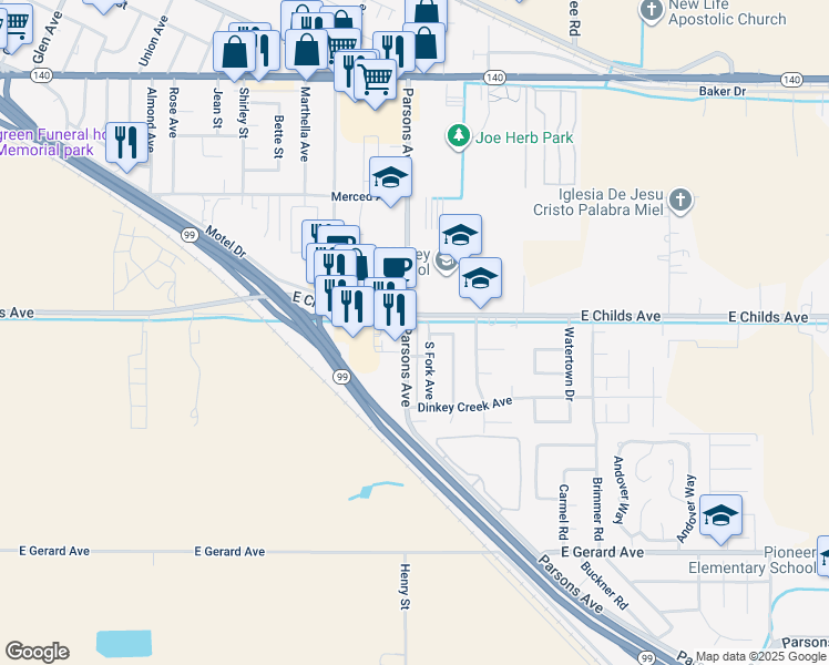 map of restaurants, bars, coffee shops, grocery stores, and more near 52 South Parsons Avenue in Merced