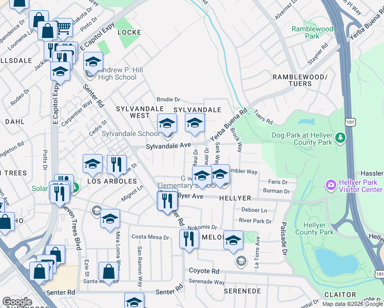 map of restaurants, bars, coffee shops, grocery stores, and more near 3843 Maui Drive in San Jose