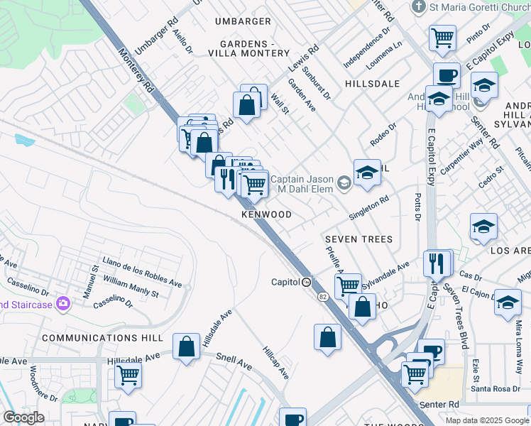 map of restaurants, bars, coffee shops, grocery stores, and more near in San Jose