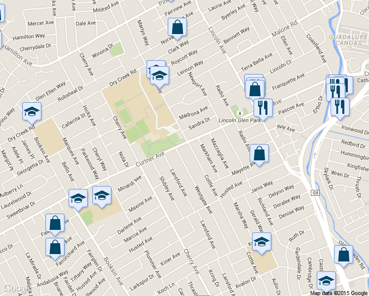 map of restaurants, bars, coffee shops, grocery stores, and more near 2252 Westgate Avenue in San Jose