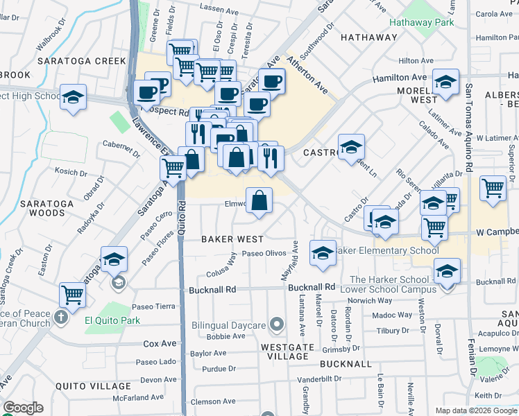 map of restaurants, bars, coffee shops, grocery stores, and more near 5014 Tiberan Way in San Jose