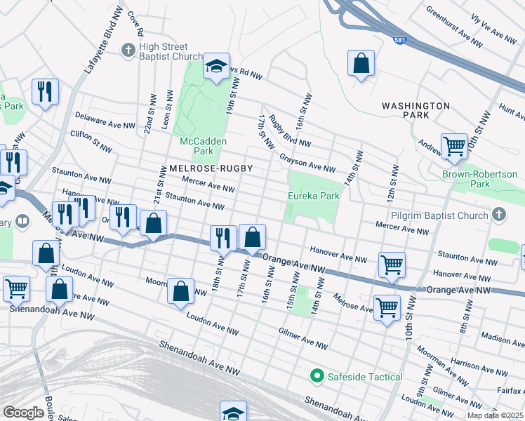 map of restaurants, bars, coffee shops, grocery stores, and more near 1621 Staunton Avenue Northwest in Roanoke