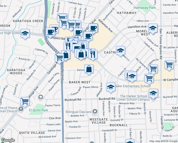 map of restaurants, bars, coffee shops, grocery stores, and more near 5014 Tiberan Way in San Jose