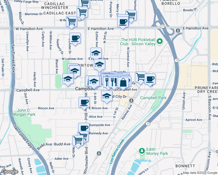 map of restaurants, bars, coffee shops, grocery stores, and more near 21 North 2nd Street in Campbell