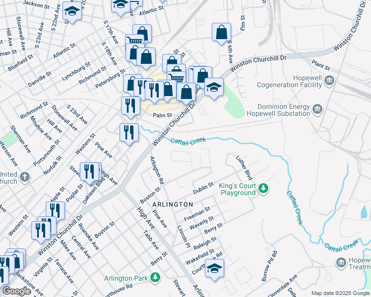 map of restaurants, bars, coffee shops, grocery stores, and more near 2346 Maclin Circle in Hopewell