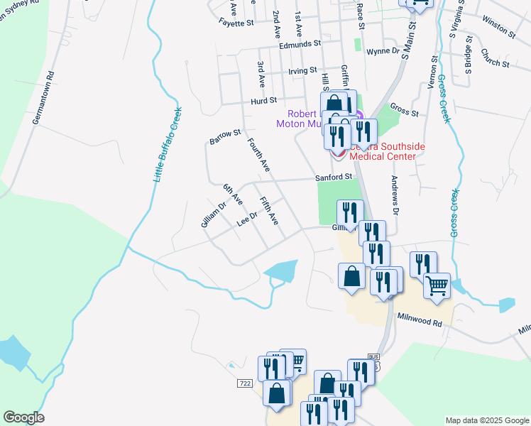 map of restaurants, bars, coffee shops, grocery stores, and more near 1201 Fifth Avenue in Farmville