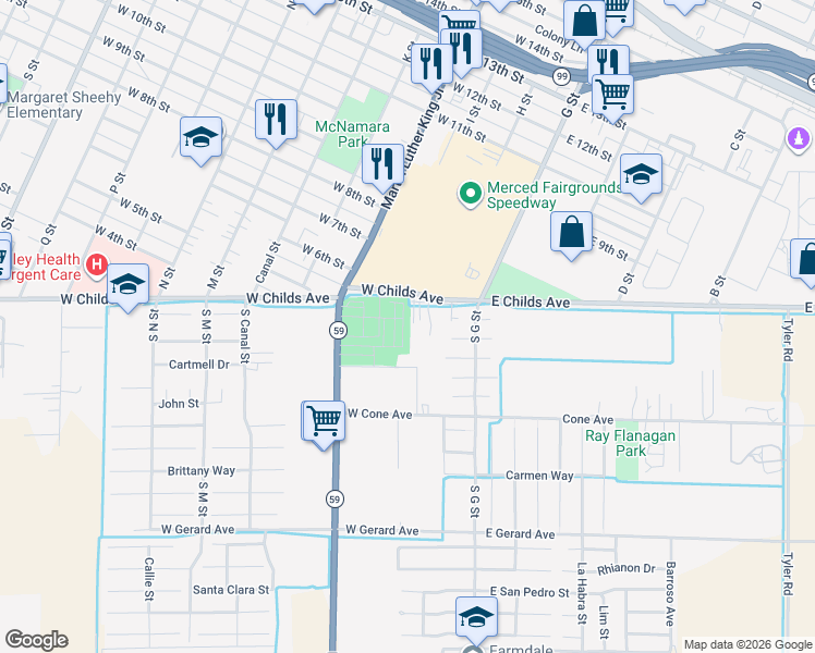 map of restaurants, bars, coffee shops, grocery stores, and more near 164 West Childs Avenue in Merced