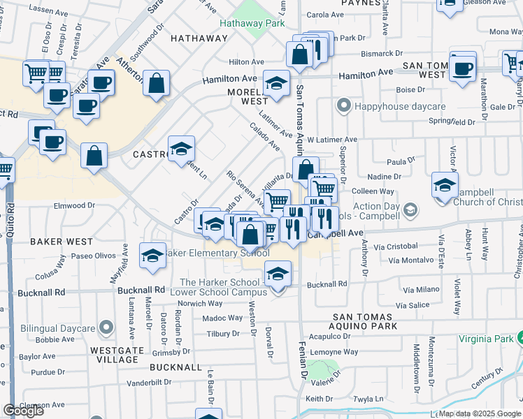 map of restaurants, bars, coffee shops, grocery stores, and more near 79 Rio Serena Avenue in Campbell
