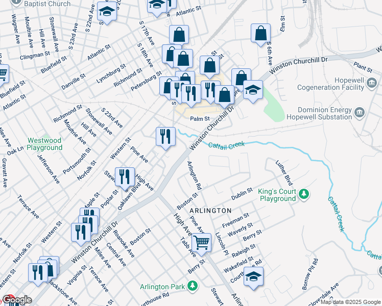 map of restaurants, bars, coffee shops, grocery stores, and more near 1001 Arlington Road in Hopewell