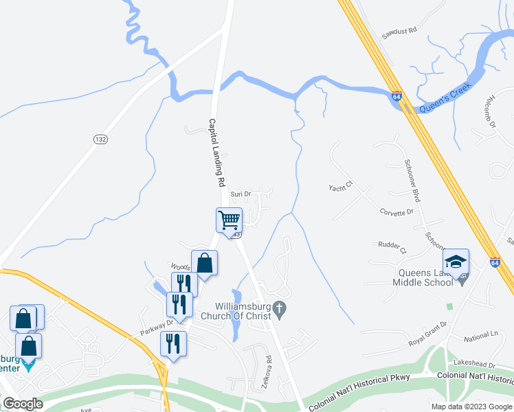 map of restaurants, bars, coffee shops, grocery stores, and more near 120 Shaindel Drive in Williamsburg