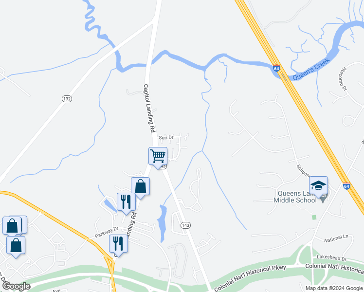 map of restaurants, bars, coffee shops, grocery stores, and more near 201 Shaindel Drive in Williamsburg
