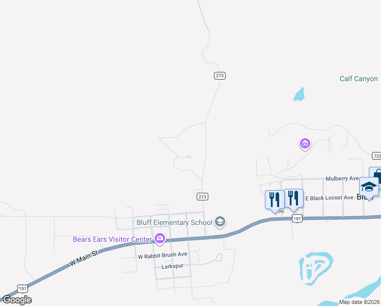 map of restaurants, bars, coffee shops, grocery stores, and more near 111 West Abby Road in Bluff