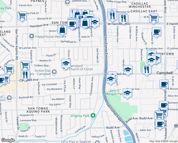 map of restaurants, bars, coffee shops, grocery stores, and more near in Campbell