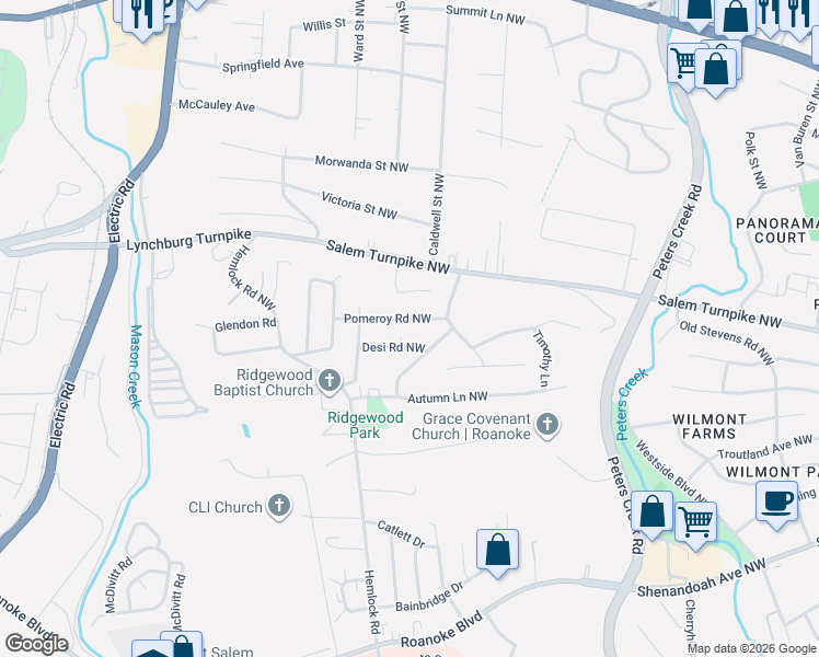 map of restaurants, bars, coffee shops, grocery stores, and more near 4903 Desi Road Northwest in Roanoke