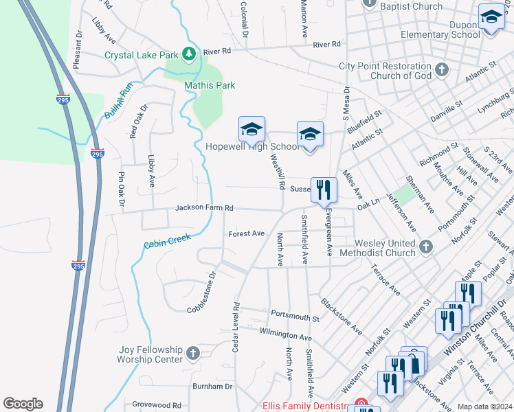 map of restaurants, bars, coffee shops, grocery stores, and more near 3409 Jackson Farm Road in Hopewell