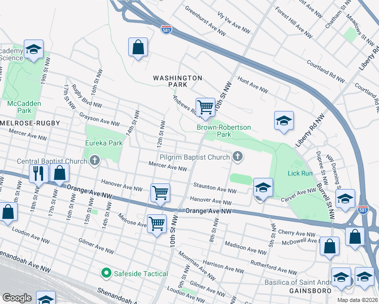 map of restaurants, bars, coffee shops, grocery stores, and more near 1002 Rugby Blvd NW in Roanoke