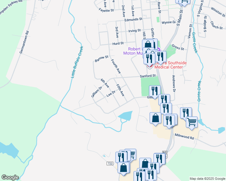 map of restaurants, bars, coffee shops, grocery stores, and more near 1202 Lee Drive in Farmville
