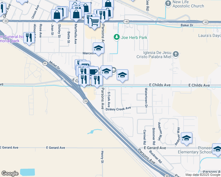 map of restaurants, bars, coffee shops, grocery stores, and more near 7 Sweetwater Avenue in Merced