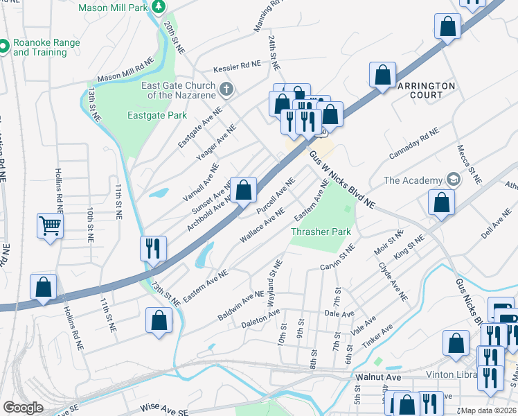map of restaurants, bars, coffee shops, grocery stores, and more near 1732 Wallace Avenue Northeast in Roanoke