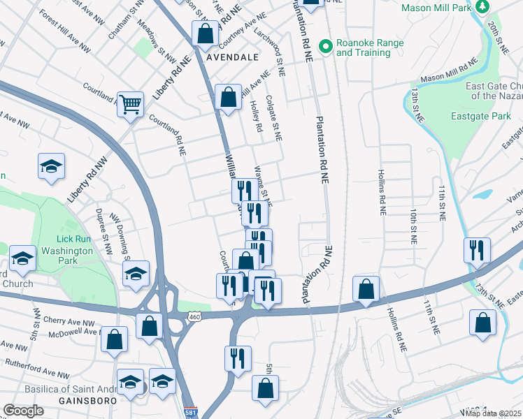 map of restaurants, bars, coffee shops, grocery stores, and more near 1622 Wayne Street Northeast in Roanoke