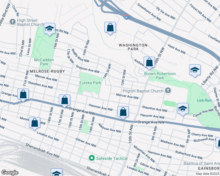 map of restaurants, bars, coffee shops, grocery stores, and more near 1201 13th Street Northwest in Roanoke