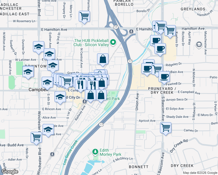 map of restaurants, bars, coffee shops, grocery stores, and more near 621 East Campbell Avenue in Campbell