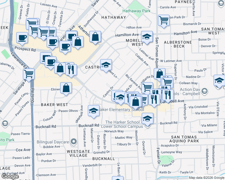 map of restaurants, bars, coffee shops, grocery stores, and more near 1918 Castro Drive in San Jose