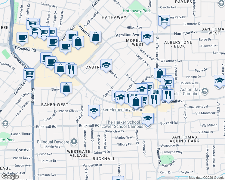 map of restaurants, bars, coffee shops, grocery stores, and more near 1918 Castro Drive in San Jose