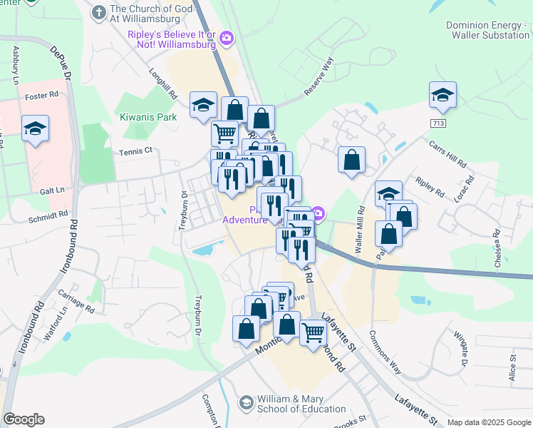 map of restaurants, bars, coffee shops, grocery stores, and more near 1420 Richmond Road in Williamsburg
