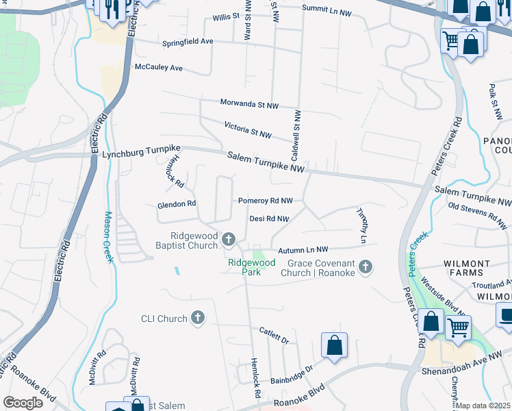 map of restaurants, bars, coffee shops, grocery stores, and more near 4956 Pomeroy Road Northwest in Roanoke