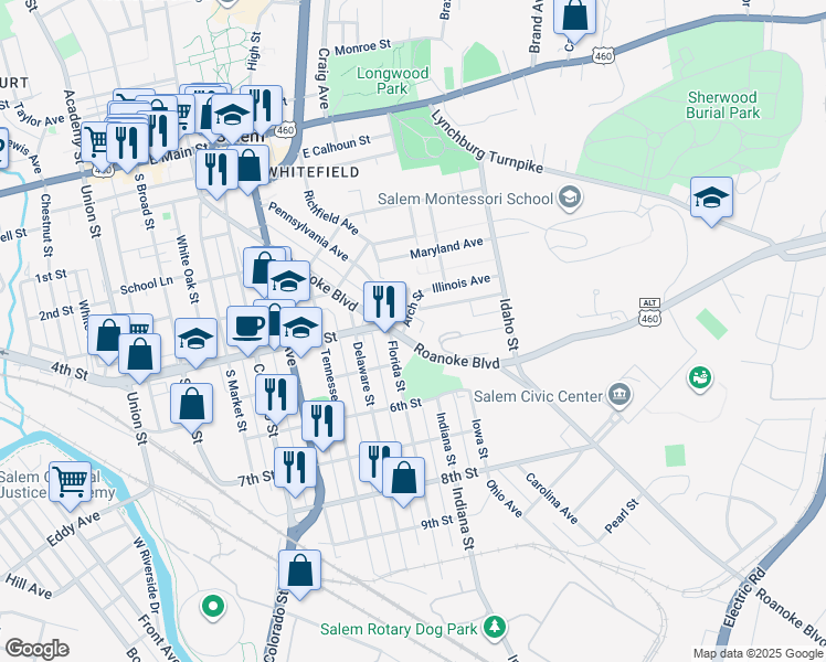 map of restaurants, bars, coffee shops, grocery stores, and more near 601 Roanoke Boulevard in Salem