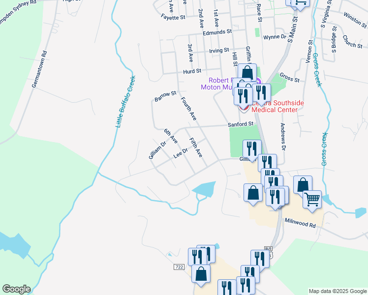 map of restaurants, bars, coffee shops, grocery stores, and more near 1202 Lee Drive in Farmville