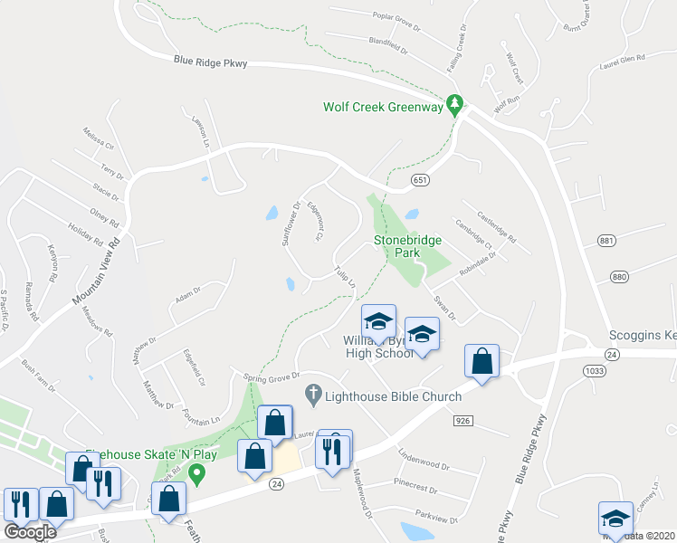 map of restaurants, bars, coffee shops, grocery stores, and more near 2732 Tulip Lane in Vinton