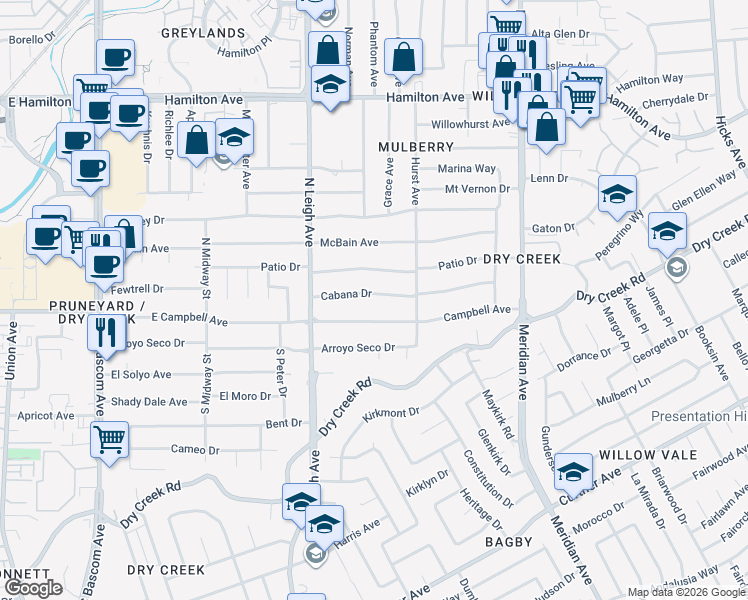 map of restaurants, bars, coffee shops, grocery stores, and more near 1881 Campbell Avenue in San Jose