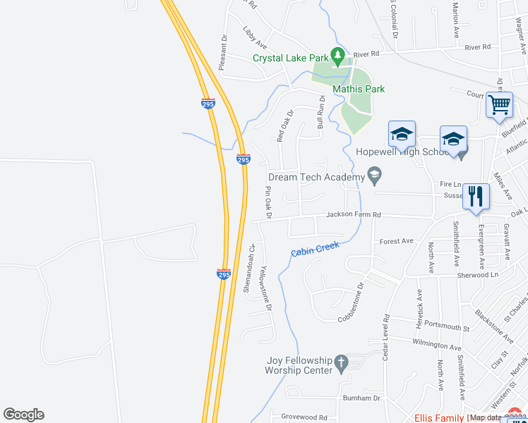 map of restaurants, bars, coffee shops, grocery stores, and more near 422 Pin Oak Drive in Hopewell
