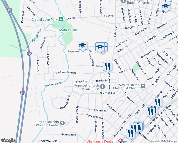 map of restaurants, bars, coffee shops, grocery stores, and more near 3307 Jackson Farm Road in Hopewell