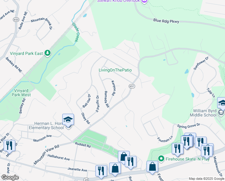 map of restaurants, bars, coffee shops, grocery stores, and more near 746 Kenyon Road in Vinton