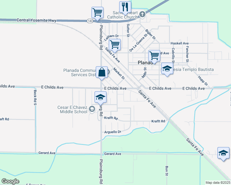 map of restaurants, bars, coffee shops, grocery stores, and more near 57 Topeka Street in Planada