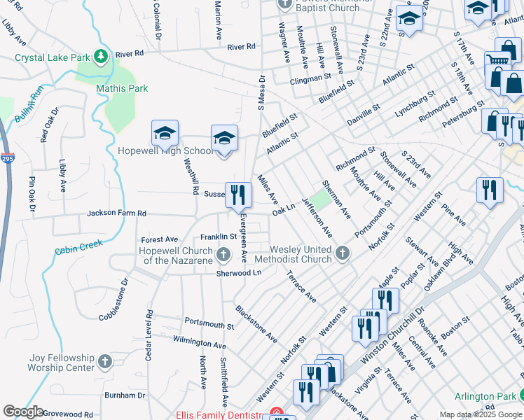map of restaurants, bars, coffee shops, grocery stores, and more near 3005 Oak Lane in Hopewell