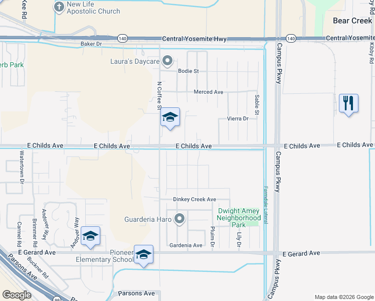map of restaurants, bars, coffee shops, grocery stores, and more near 3153 East Childs Avenue in Merced