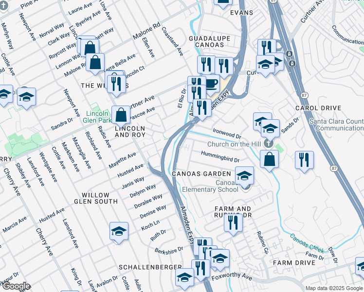 map of restaurants, bars, coffee shops, grocery stores, and more near 2482 Almaden Rd in San Jose