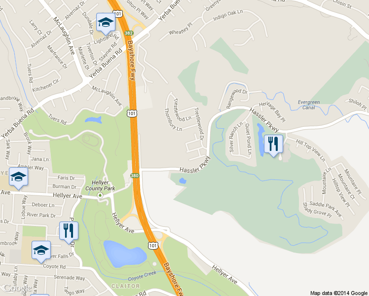 map of restaurants, bars, coffee shops, grocery stores, and more near 1385 Trailside Court in San Jose