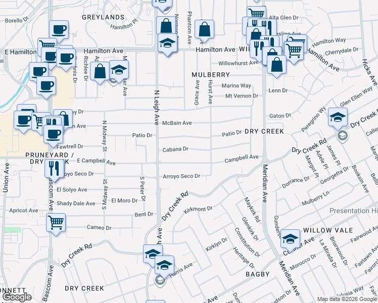 map of restaurants, bars, coffee shops, grocery stores, and more near 1881 Campbell Avenue in San Jose