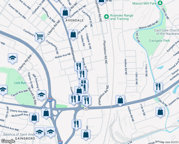 map of restaurants, bars, coffee shops, grocery stores, and more near 1622 Wayne Street Northeast in Roanoke