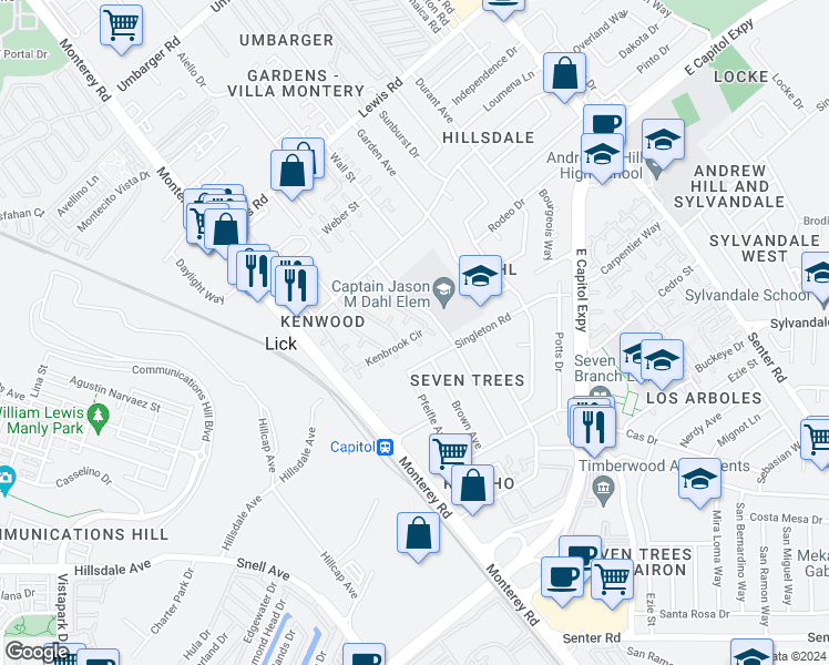 map of restaurants, bars, coffee shops, grocery stores, and more near 208 Kenbrook Circle in San Jose
