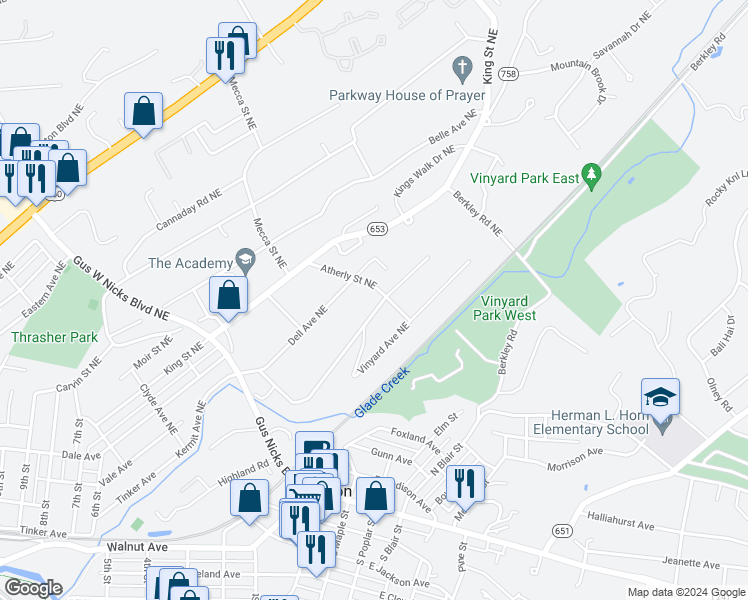 map of restaurants, bars, coffee shops, grocery stores, and more near 2826 Idlewild Boulevard Northeast in Roanoke