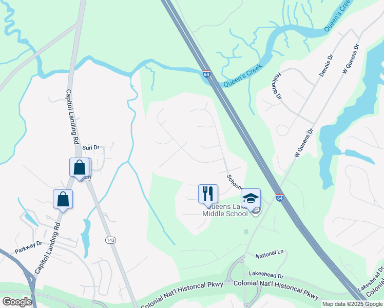 map of restaurants, bars, coffee shops, grocery stores, and more near 120 Corvette Drive in Williamsburg