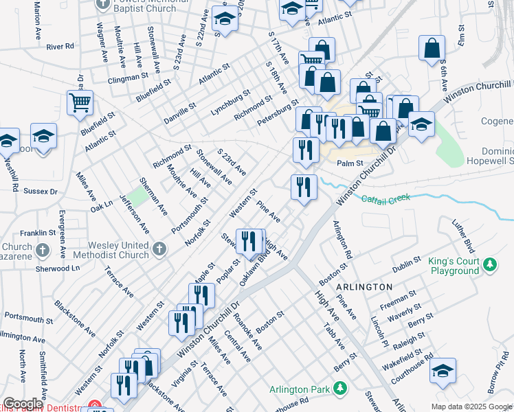 map of restaurants, bars, coffee shops, grocery stores, and more near 2501 Maple Street in Hopewell