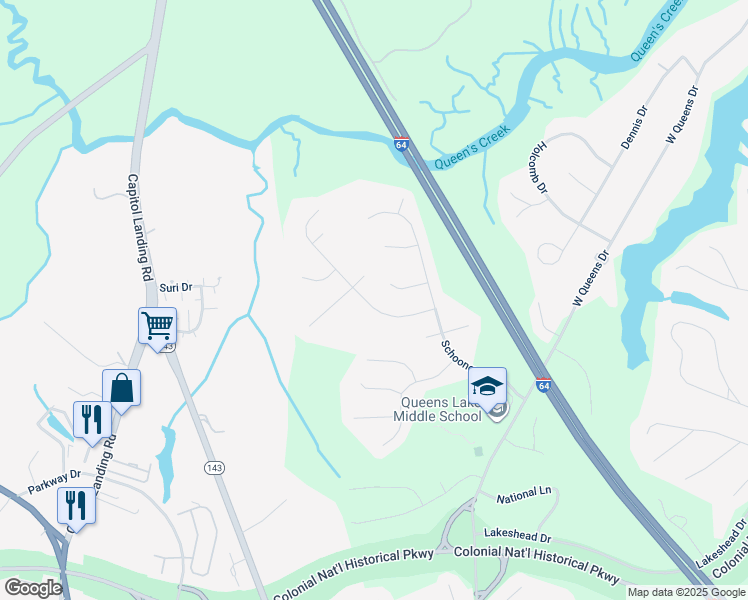 map of restaurants, bars, coffee shops, grocery stores, and more near 120 Corvette Drive in Williamsburg