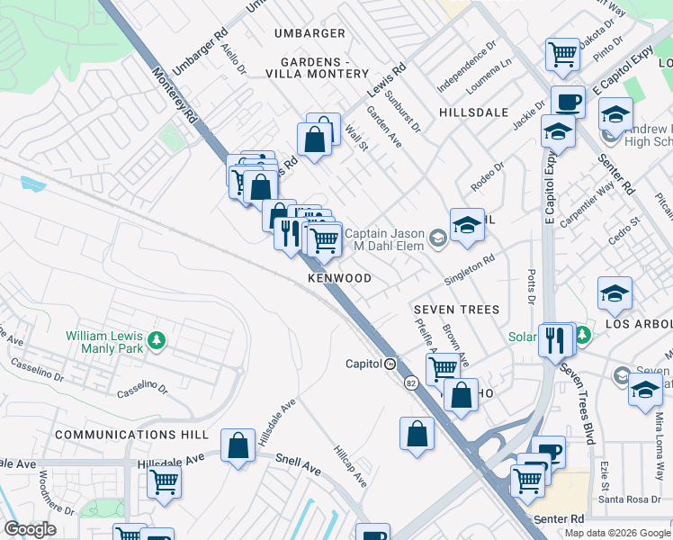 map of restaurants, bars, coffee shops, grocery stores, and more near 425 Kenbrook Circle in San Jose